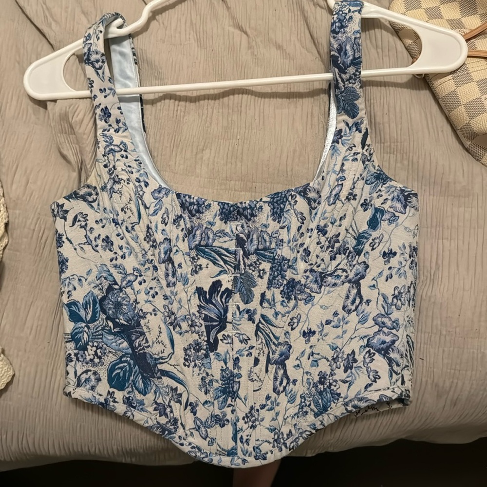 House of CB white and blue floral corset top